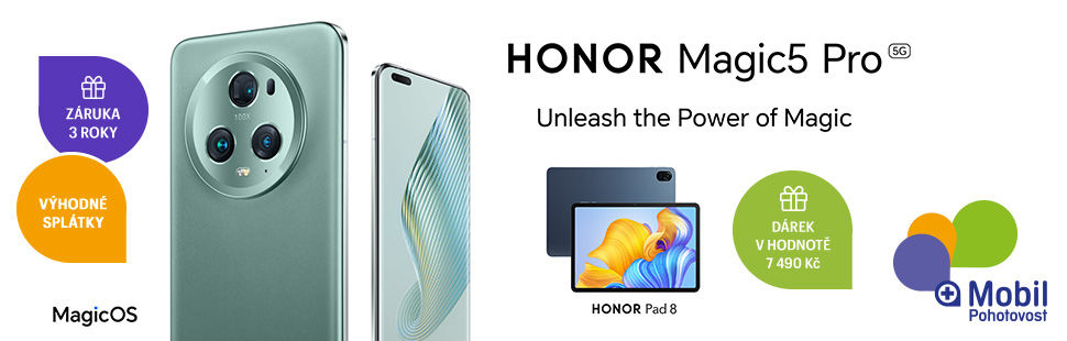 HONOR Magic5 Pro, vlajková loď bourající benchmarky v odvětví mobilních telefonů, je ode dneška v Česku! Navíc získáte jako dárek prémiový tablet a slevu 2 000 Kč při výkupu starého zařízení u prodejce Mobil Pohotovost.
