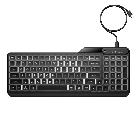 A black keyboard with white lights  Description automatically generated