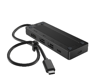 A black rectangular device with a black cable  Description automatically generated