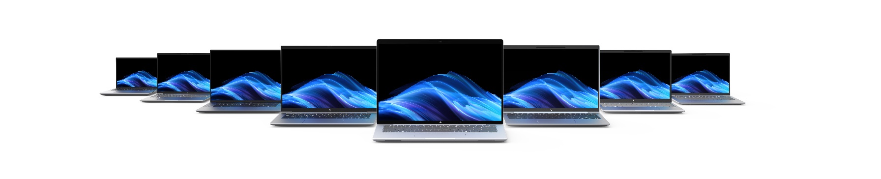 A group of laptops with a blue screen  Description automatically generated