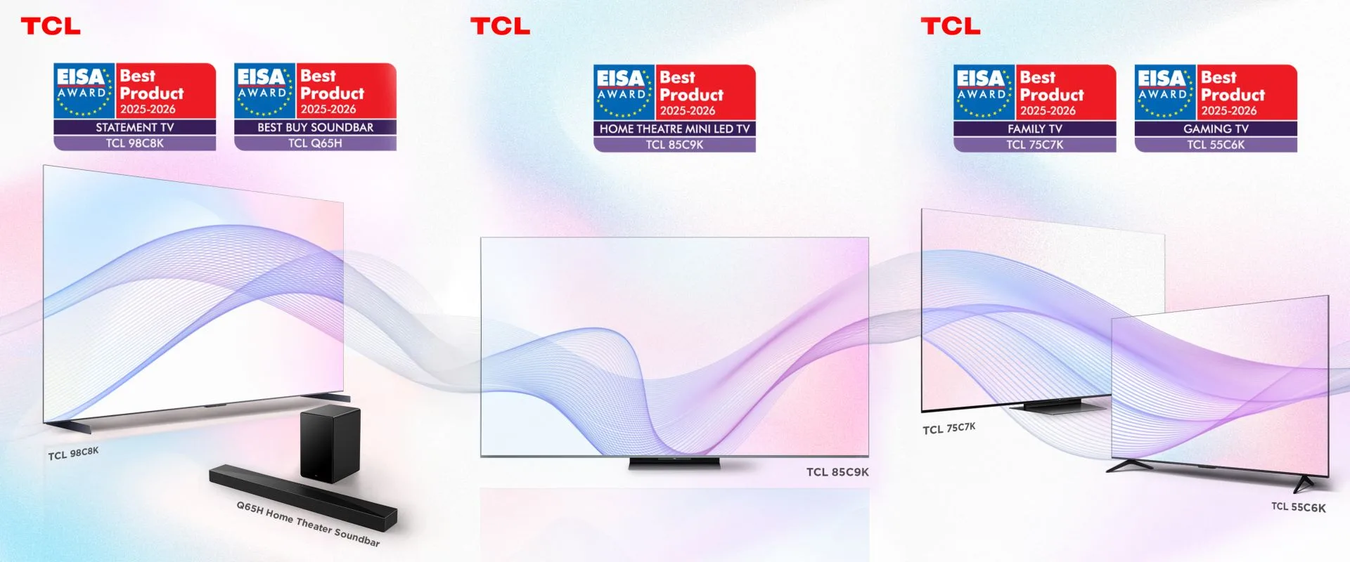 Společnost TCL získává pět prestižních ocenění EISA 2025-2026: velké úhlopříčky a QD-Mini LED technologie excelují