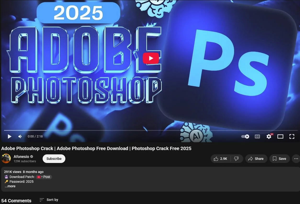 Figure 10 — Video with 291k views and 54 comments distributing malware.